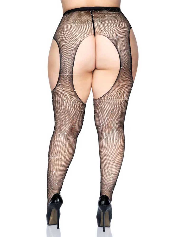 00zIvynPVenPBWjzcec0IgSZqldwQ4aD Casey Rhinestone Fishnet Suspender Pantyhose - Queen - Black - Image 1