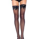 Sheer Lace Top Thigh Highs With Satin Bow Accent - One Size - Black