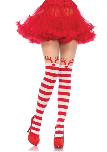 374532c74f9685972c9981b1880273ba Rudolph Reindeer Opaque Striped Pantyhose With Sheer Thigh High Accent - Image 1