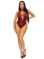 Net and Lace Keyhole Halter Bodysuit - One Size - Burgundy - Image 4