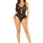 Black Floral Lace Halter Bodysuit with Mini Bow - and Flutter Accent - Os