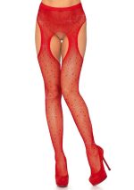 Casey Rhinestone Fishnet Suspender Pantyhose - One Size - Red - Image 3