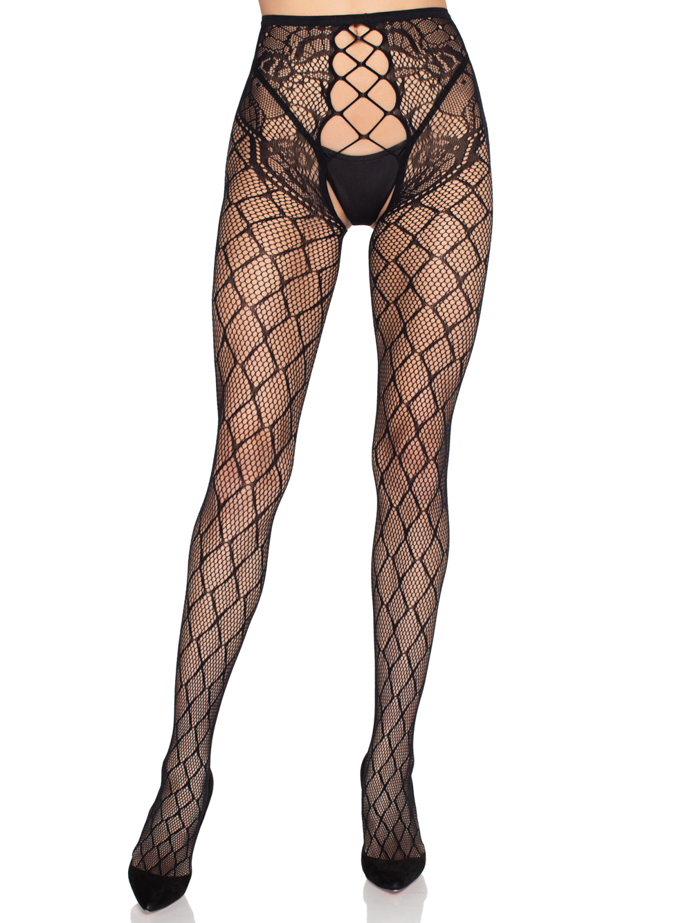 9Avd9clQ Faux Layer Net Tights With Crotchless Floral Panty - Os - Black - Image 1