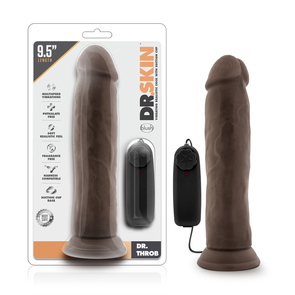 www.blushnovelties.com Dr. Skin - Dr. Throb - 9.5 Inch Vibrating Realistic Cock With Suction Cup - Chocolate - Image 1