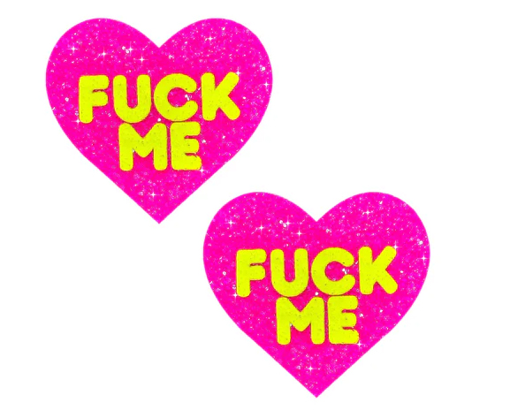 GBGbAEAz F*Ck Me Blacklight Neon Super Sparkle Nipple Cover Pasties Pink Glitter - Image 1