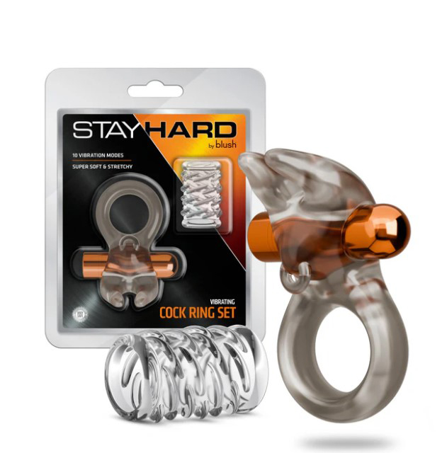 GUoCfqXu Stay Hard Vibrating Cock Ring Set With Sleeve Textured Sheath - Image 1