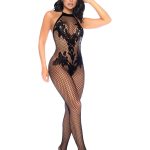 Vino Noir Floral Fishnet Bodystocking - Os - Black