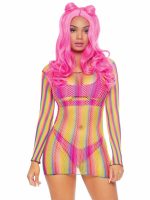 Rainbow Fishnet Long Sleeved Mini Dress - One Size - Rainbow - Image 4
