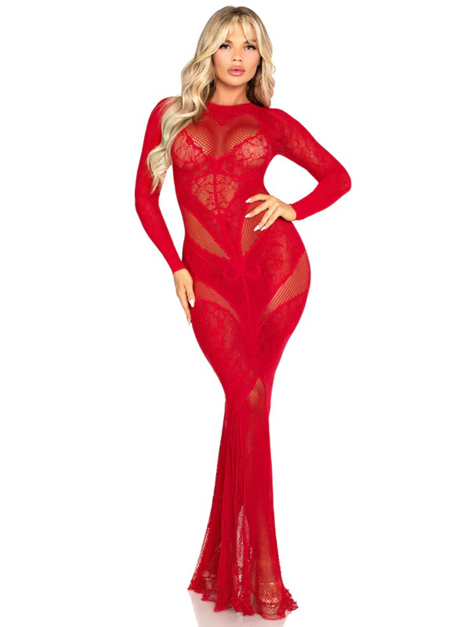 IkTn3To10zoE71bATpbiQCMsmoh1EfGp Red Lace and Net Body Con Gown - With Heart Keyhole Detail - Os - Image 1