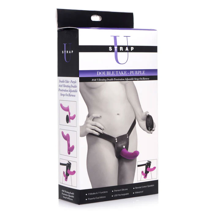 Lh0aKhAS Double Take 10x Vibrating Double Penetration Adjustable Strap-on Purple - Image 1