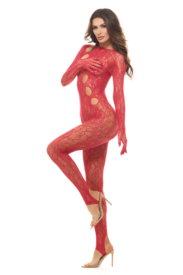 MXgc9BCb Split Up Lace Bodystocking - Red - Os - Image 1