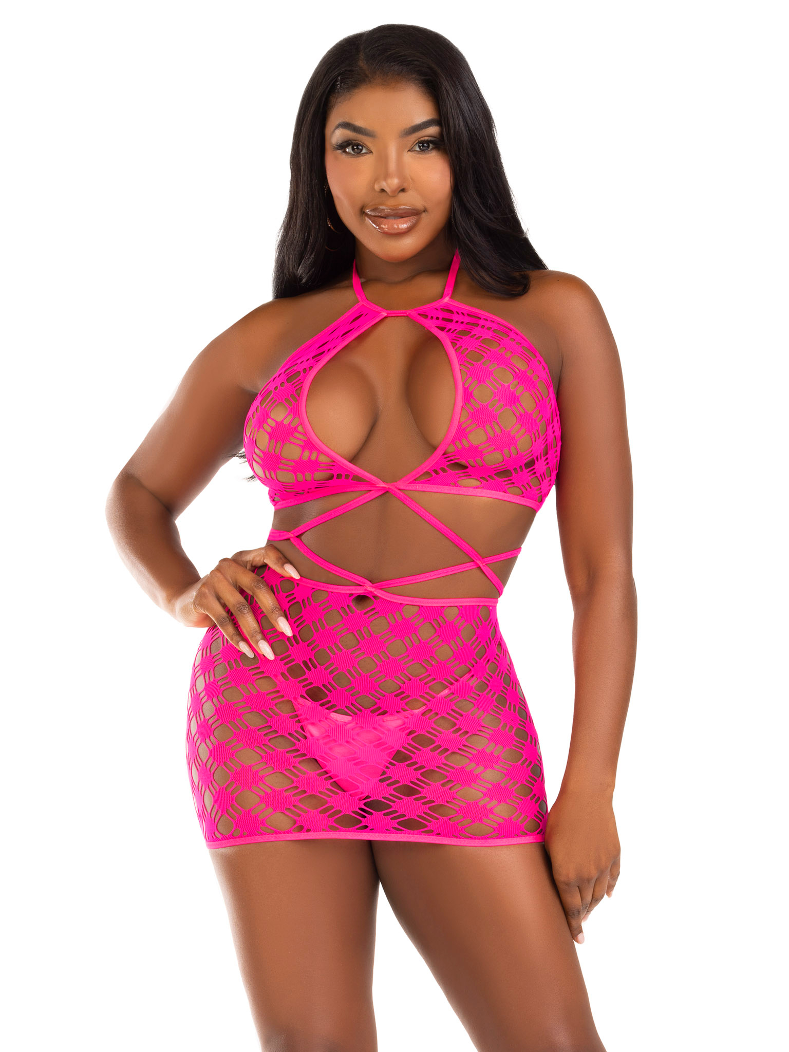 P1jGZZZyVHeWKhQzvIgEcjlqQozZgqcS Keyhole Halter Hardcore Net Mini Dress - One Size - Neon Pink - Image 1