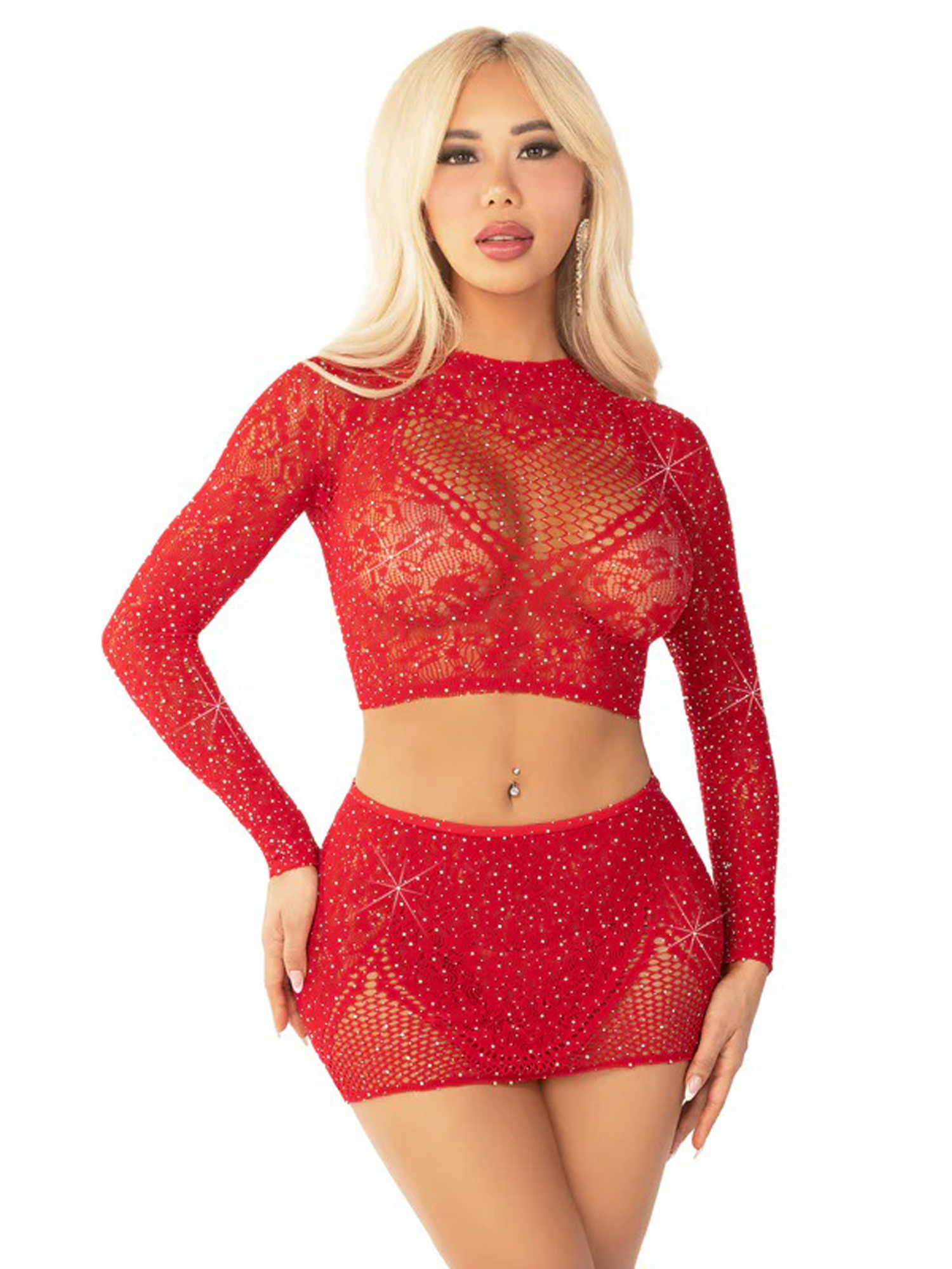 RN11P6njTWKZ81KxDNmqawDVmqatquzb Red 2pc Rhinestone Lace and Net Crop Top with - Heart Keyhole Mini Skirt - Os - Image 1