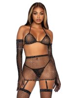 5 Pc Rhinestone Bikini Top G-String Garter Skirt, Gloves and Stockings - One Size - Black - Image 3