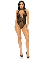 Net and Lace Keyhole Halter Bodysuit - One Size - Black - Image 3