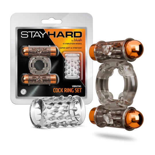 Z8IHyQJY Stay Hard Vibrating Cock Ring Set With Dual Bullets Textured Sheath - Image 1