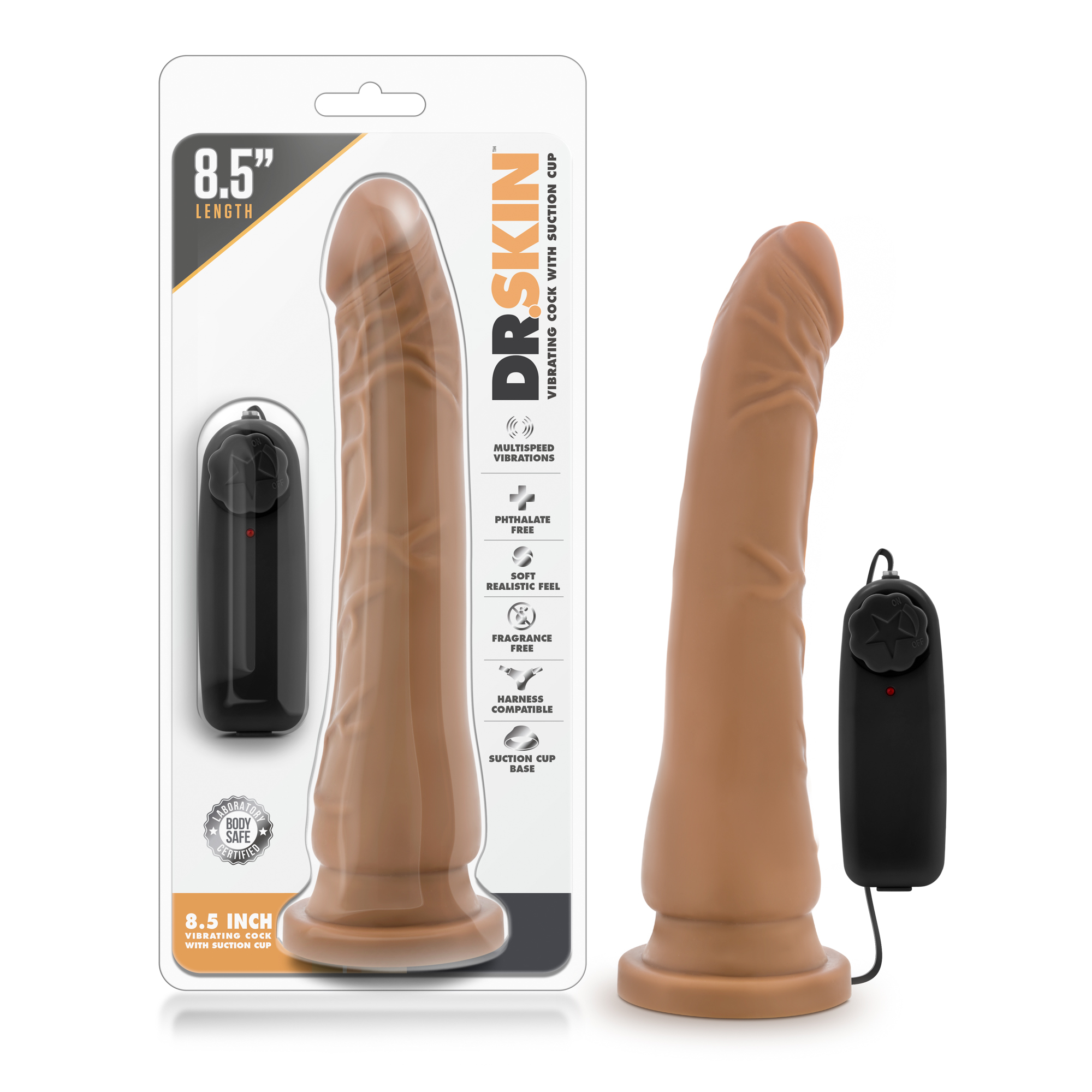 www.blushnovelties.com Dr. Skin - 8.5 Inch Vibrating Realistic Cock With Suction Cup - Mocha - Image 1