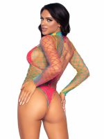 High Neck Fence Net Long Sleeve Bodysuit With Snap Crotch Thong Panty - One Size - Rainbow - Image 4