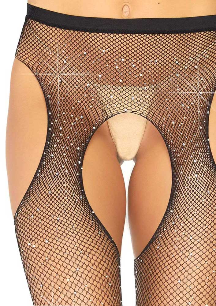 eUUAlHLbf6sPefBhNLgPKvxMNeEhNNHF Casey Rhinestone Fishnet Suspender Pantyhose - One Size - Black - Image 1