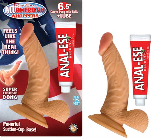 ea8cd77e69bd343caf0e642e19af44eb All American Whoppers 6.5-Inch Curved Dong With Balls Lube -Flesh - Image 1