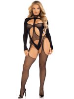 2 Pc Fishnet Suspender Lingerie Jumpsuit and Layered Opaque Teddy O/s - Black - Image 4