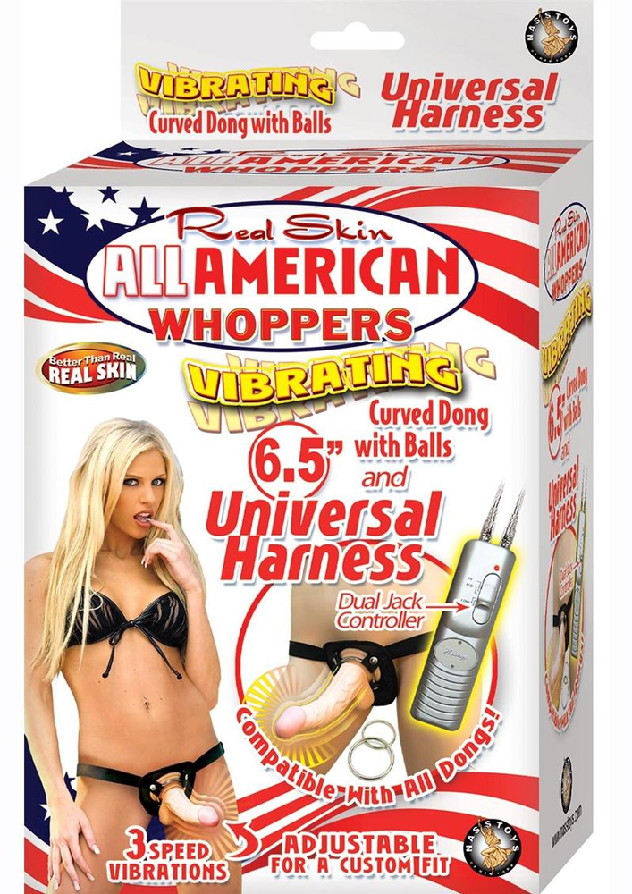 f7d5EdwL All American Whoppers Vibrating 6.5-Inch Dong With Universasl Harness - Flesh - Image 1