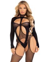 2 Pc Fishnet Suspender Lingerie Jumpsuit and Layered Opaque Teddy O/s - Black - Image 3