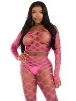 2 Pc Net Crop Top and Footless Tights - One Size - Neon Pink - Image 3