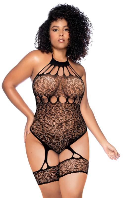 ifigOeVH Leopard Halter Fishnet Bodysuit - Curve Os - Black - Image 1
