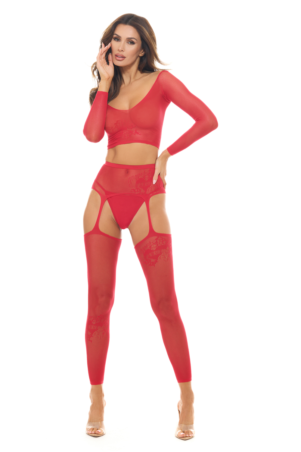 jiZxGelo Permanent Mark Long Sleeve Top and Garter Bodystocking Red - Os - Image 1