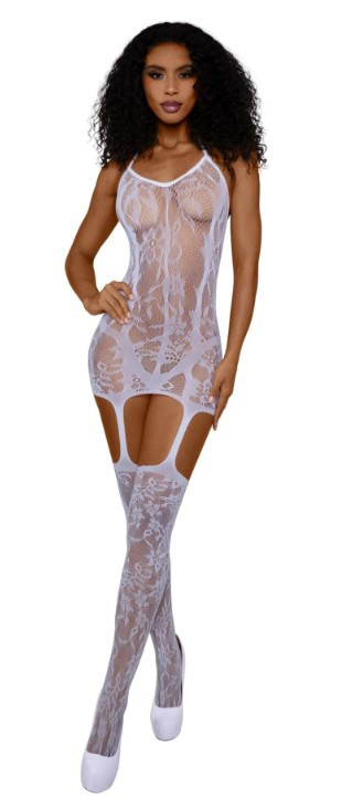k758OTPD Lace and Opaque Seam Garter Dress - Os - White - Image 1