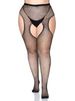 Casey Rhinestone Fishnet Suspender Pantyhose - Queen - Black - Image 2