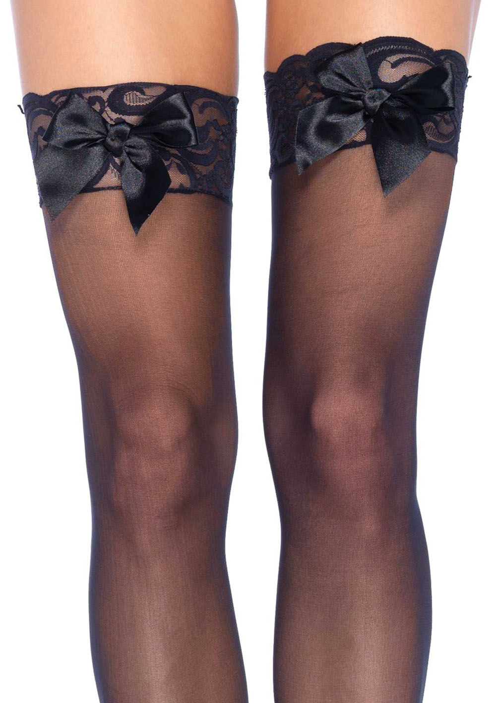 qQAjGUTcr90oXUaTeWRxJrHlHsH7kxRv Sheer Lace Top Thigh Highs With Satin Bow Accent - One Size - Black - Image 1