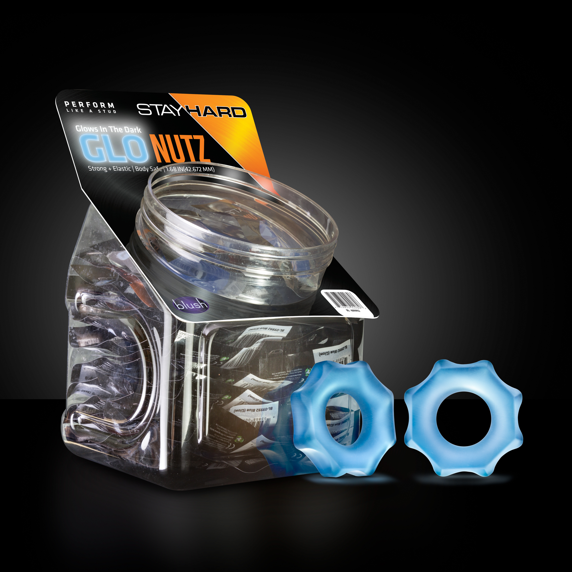 www.blushnovelties.com Stay Hard - Glo Nutz - 40 Piece Fishbowl - Blue - Image 1