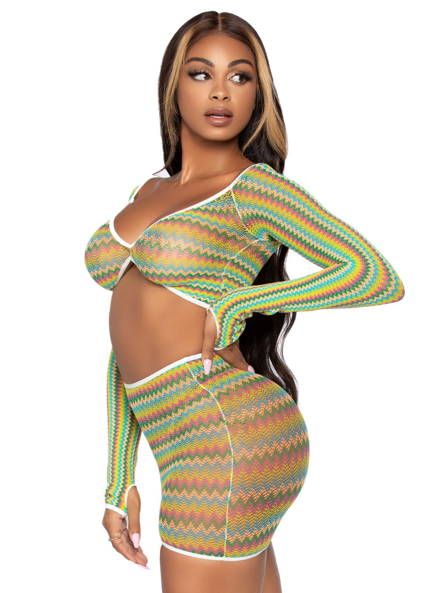 sd6nuZ6M55743FgQbewOIX0Bj0dqOxwi 2 Pc Zig Zag Net Crop Top and Mini Dress - One Size - Green - Image 1