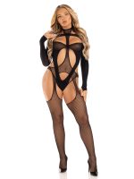 2 Pc Fishnet Suspender Lingerie Jumpsuit and Layered Opaque Teddy O/s - Black - Image 6