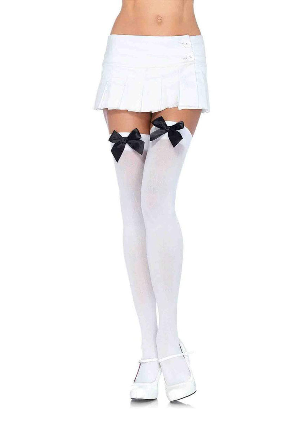tab6CGeG773yCJqhKLAxPRTHwMMJWZsN Nylon Thigh Highs With Bow - One Size - White / Black - Image 1