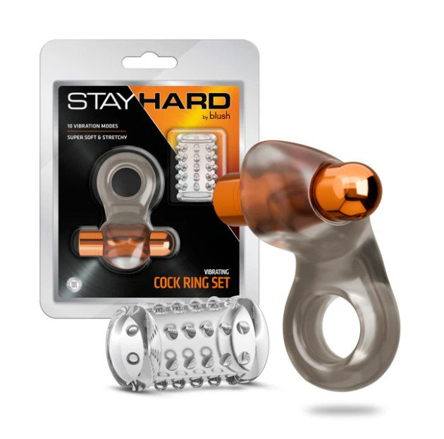 v5OCqpJ2 Stay Hard Vibrating Cock Ring Set With Sleeve Textured Sheath - Image 1