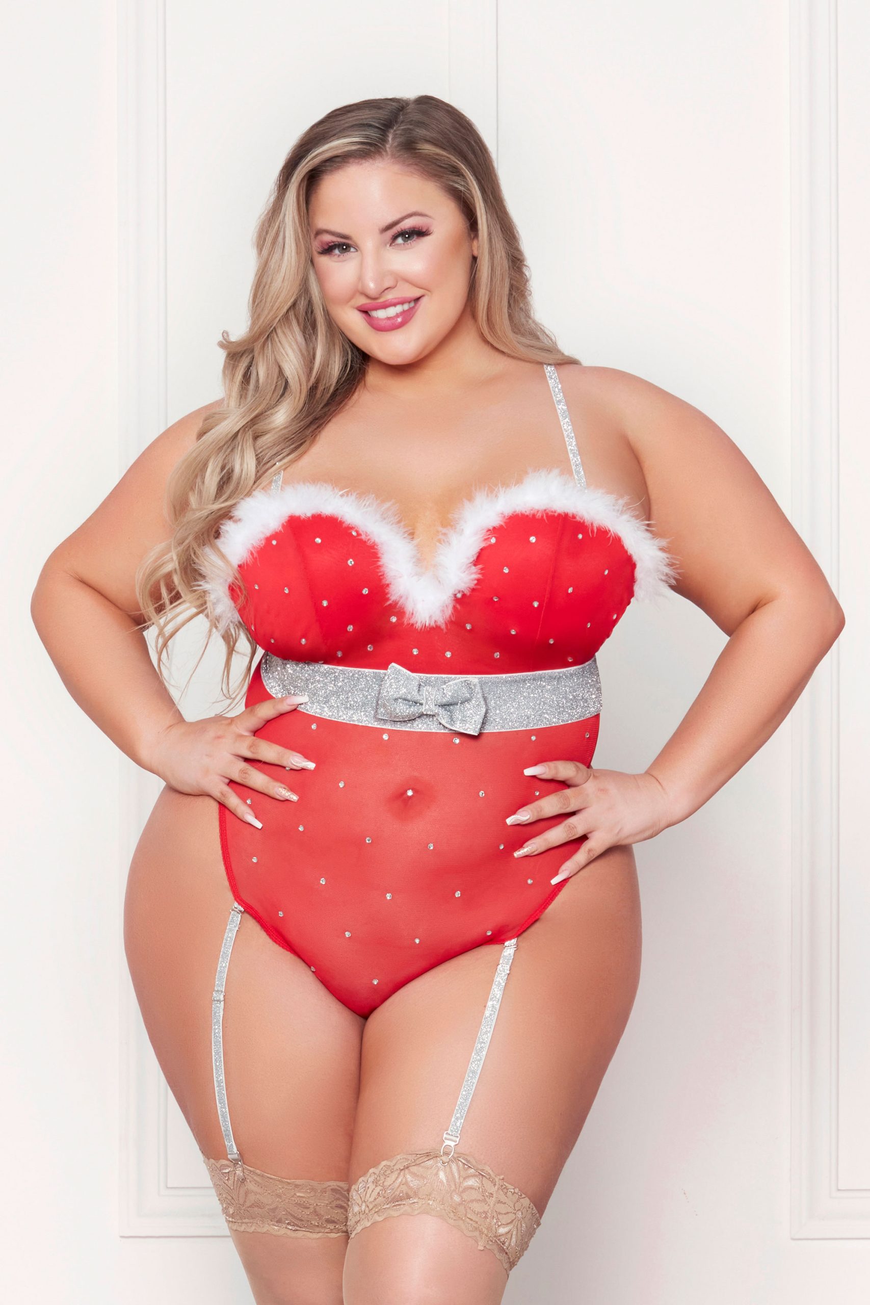 vhq3ZYIXbSc44rMd3sl2QcoEMejeVrJT Rhinestone Studded Mesh Teddy With Marabou Trim - 3x/4x - Red - Image 1