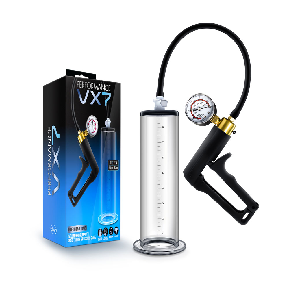 www.blushnovelties.com Performance - Vx7 Vacuum Penis Pump With Brass Trigger & Pressure Gauge - Clear - Image 1