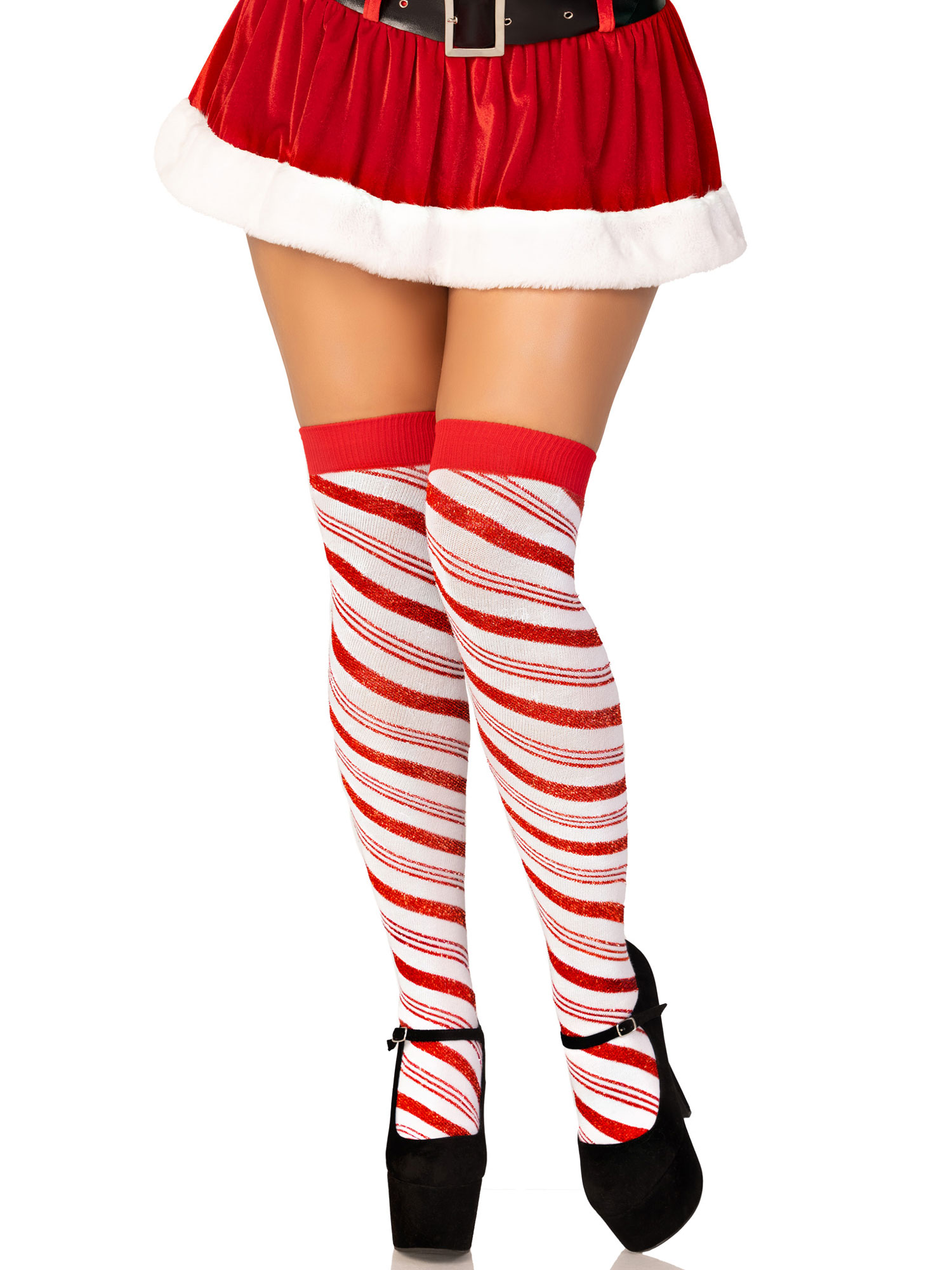 yACglqEkougacwjm3GNlJfDE6vkfHhy0 Candy Cane Lurex Striped Socks - Over the Knee - Os - White/red - Image 1