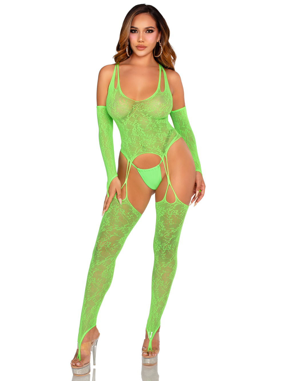 zVvindqL 2 Pc Lace Halter Footless Cami Garter With Attached Toe Loop Stockings O/s - Neon Green - Image 1