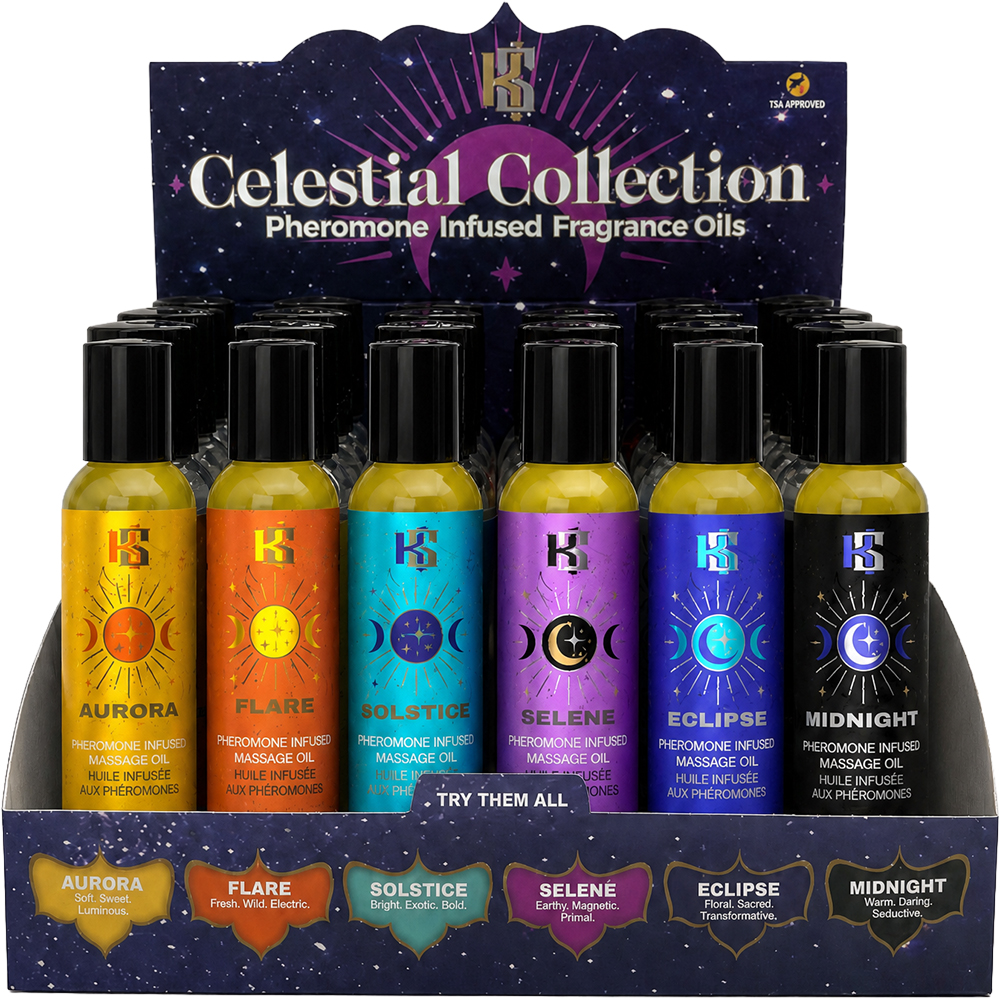 MGvoOq71 Celestial 2 Oz Massage Oil Pheromone Prepack Display (24 Assorted Massage Oils) - Image 1