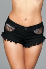Denim Shorts With Fishnet Top Trimming and Fringe - Medium - Black - Image 2